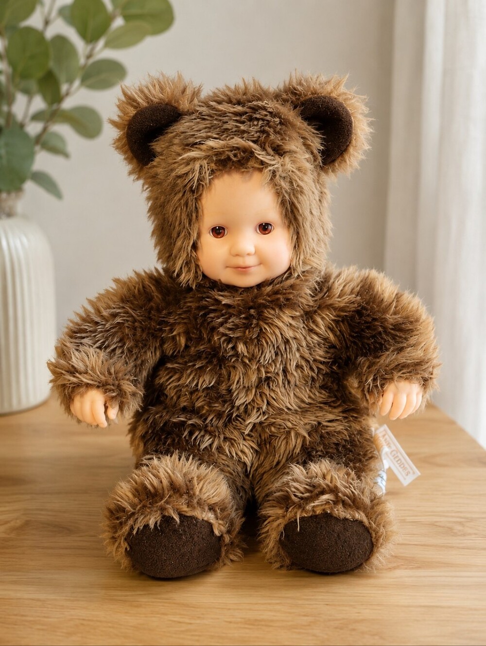 Vintage Cuddly Brown Bear Plush Baby Doll – Soft Furry Outfit